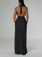 Elegant Halter Neck Sleeveless Backless Pleated Dress