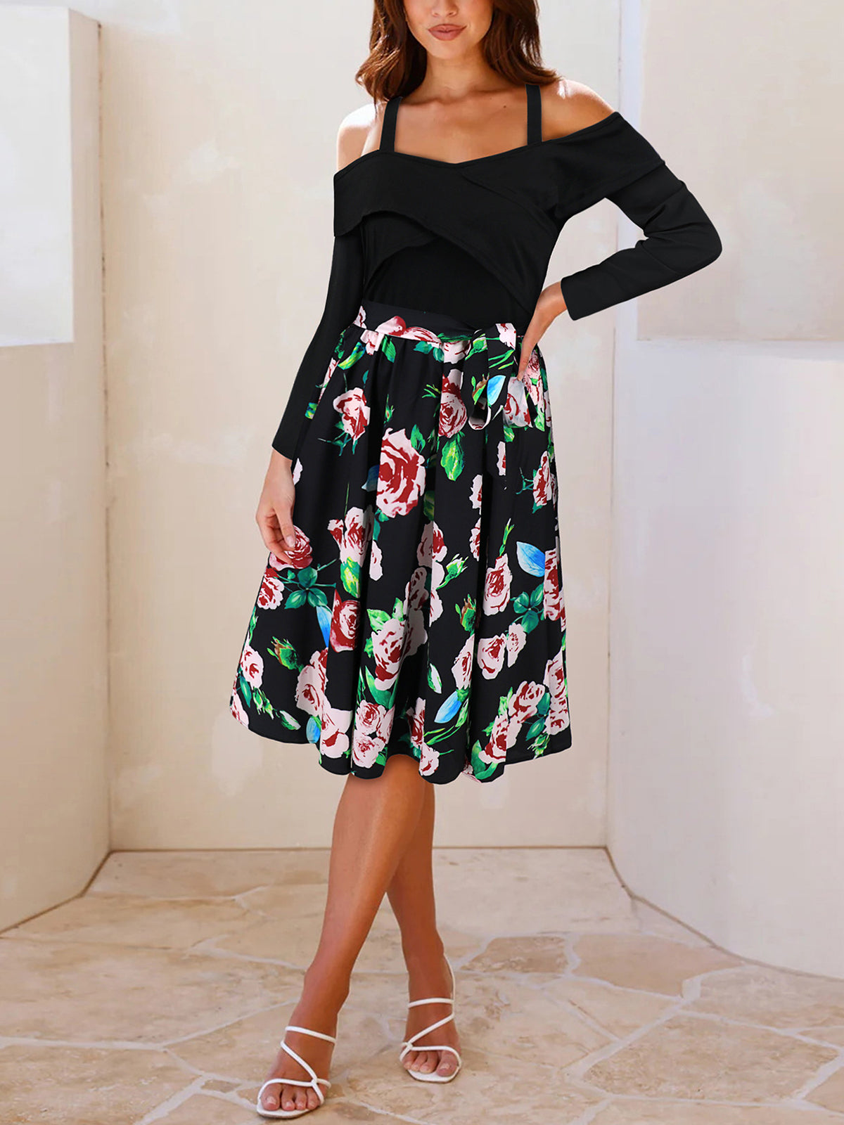 Casual Off Shoulder Floral Print Midi Dress