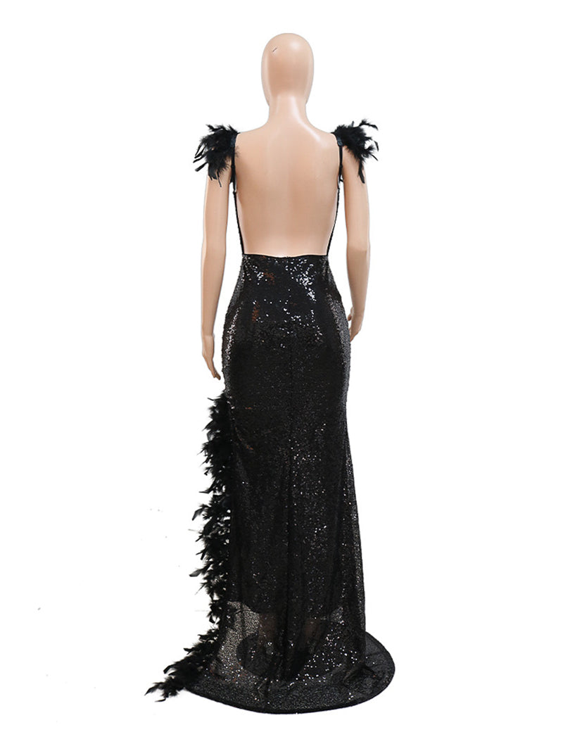 Sexy Sequin Backless Feather Slit Club Party Dress