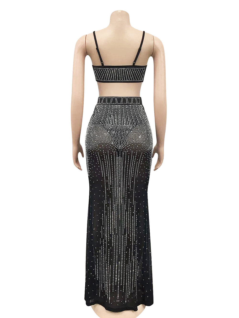 Sexy Spaghetti Strap Mesh Crop Top Maxi Skirt Sets