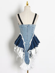 Irregular Tassel Ruffled Mini Denim Dress