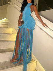 Sexy Halter Neck Backless Twist Fringe Maxi Dress