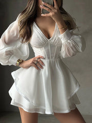 Sexy V Neck Cinched Waist Ruffles Mini Dress