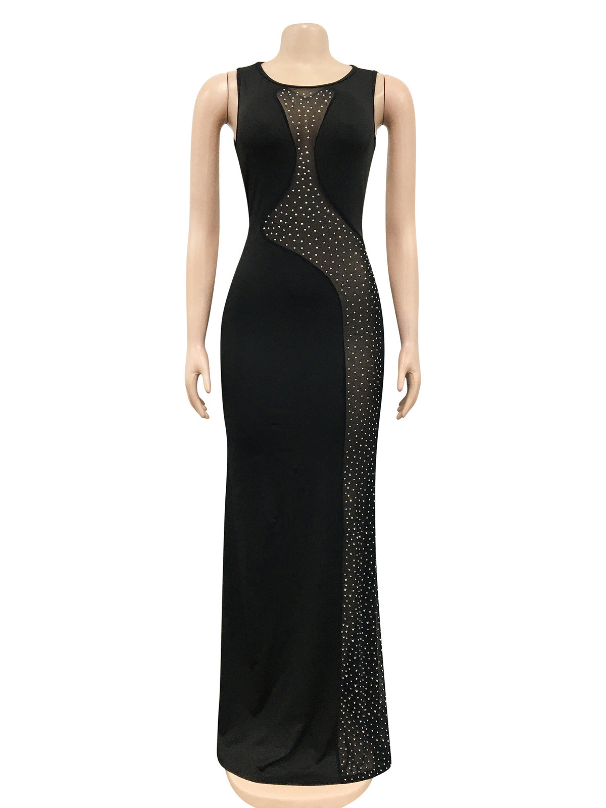 Sheer Mesh Patchwork Rhinestone Bodycon Maxi Dress