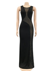 Sheer Mesh Patchwork Rhinestone Bodycon Maxi Dress