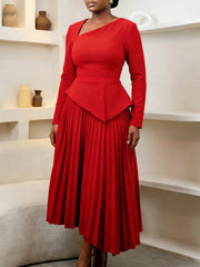 Elegant Slant Collar Asymmetrical Pleated Midi Dress