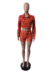 Fashion Print Embroidered Crop Shirt And Shorts Sets