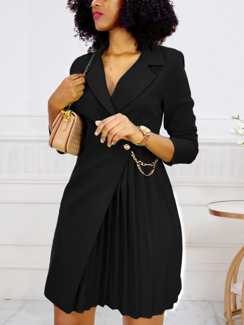 Fashion Notched Lapel Asymmetry Pleated Blazer Dress