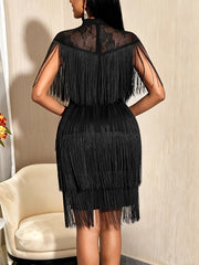 Elegant Round Neck Fringe Mesh Midi Dress