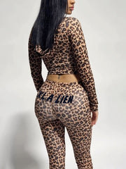 Letter Leopard Print Zip Tight Hooded Top And Pants Set