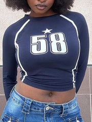 Casual Round Neck Star Number Graphic Crop T shirt