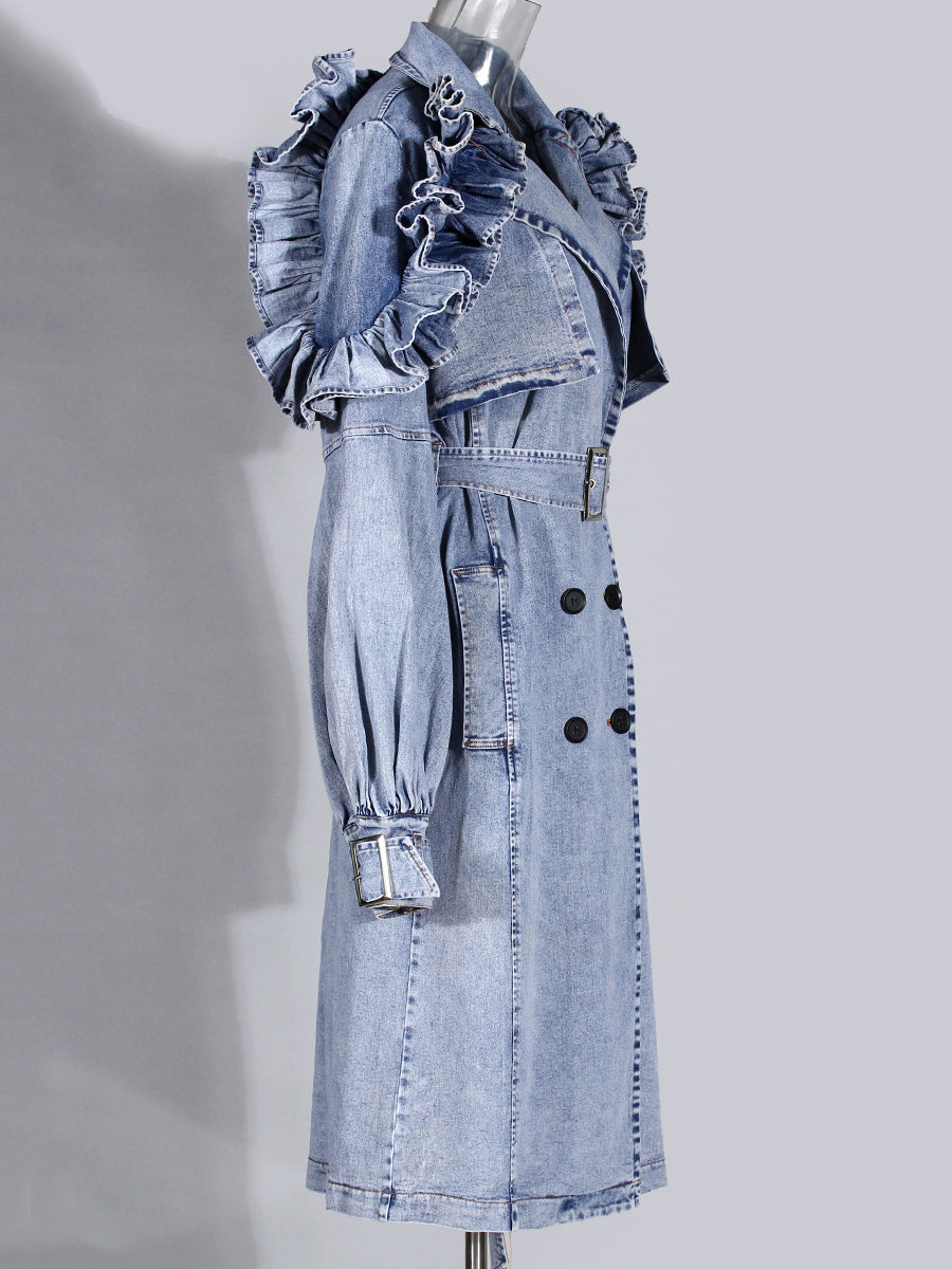 Casual Ruffled Denim Trench Coat