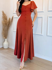 Casual V Neck Ruffles Sleeve Slim Maxi Dress