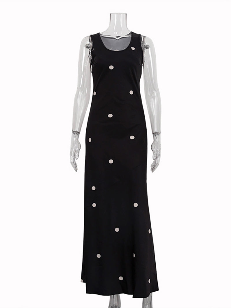 Sleeveless Polka Dot Print Vest Maxi Dress