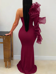 Elegant Ruffle One-Shoulder Slim Maxi Dress