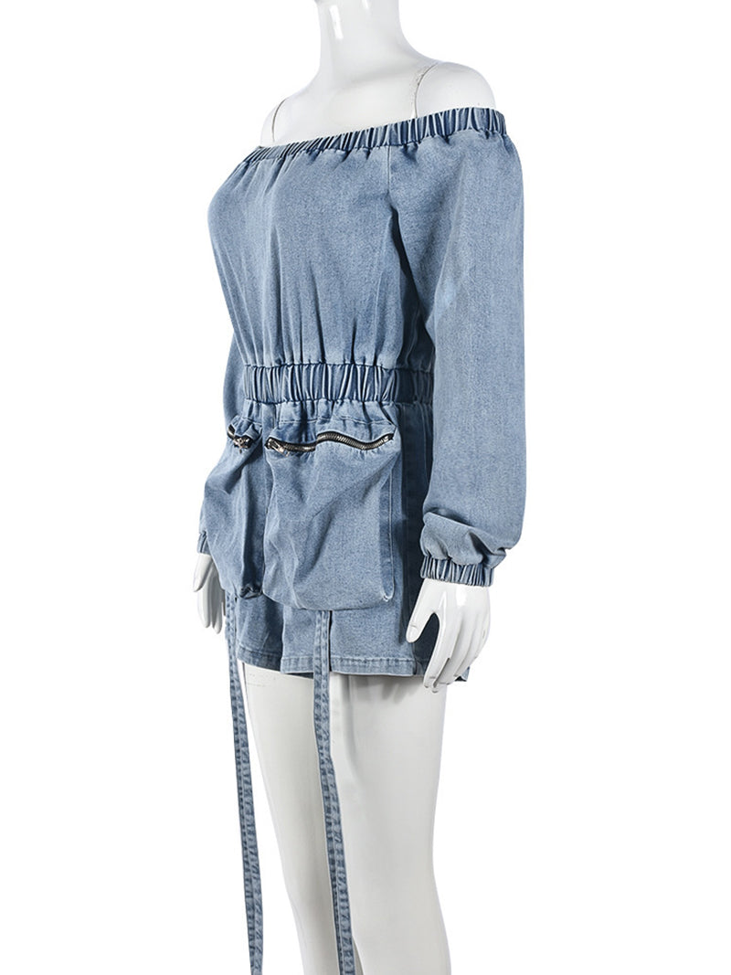 Fashion Off Shoulder Elastic Waist Denim Romper