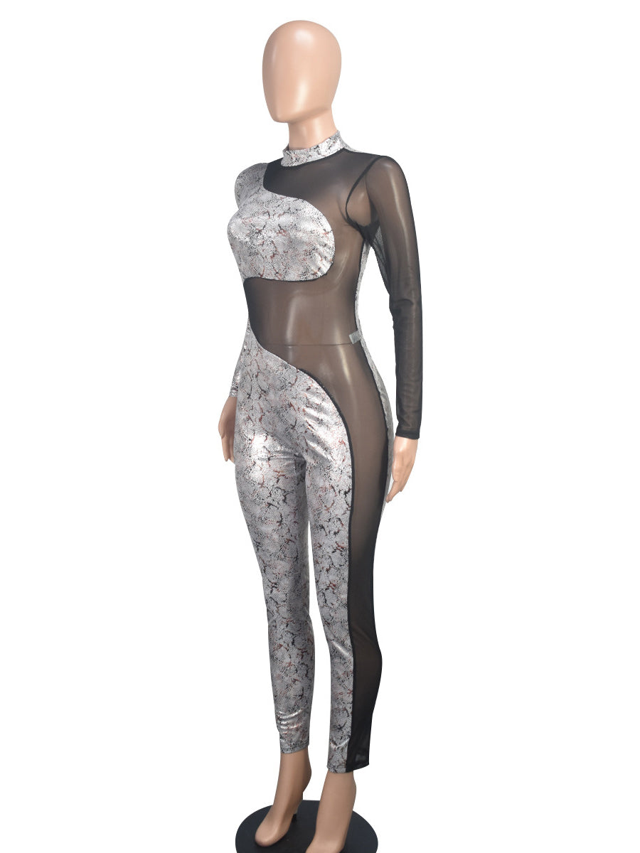 Sexy Mesh Sequin Patchwork See Through Jumpsuit