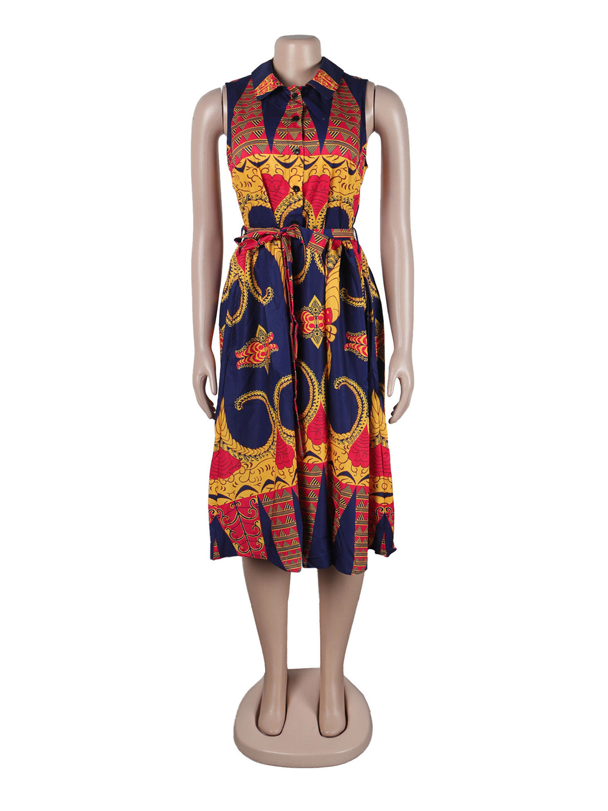 Casual Print Sleeveless Lapel Midi Dress