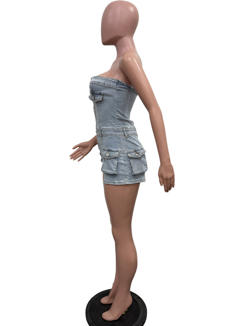 Strapless Denim Tube Top Cargo Jumpsuit