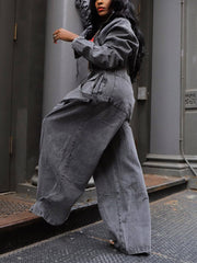 Casual Cropped Denim Jacket Cargo Jeans Two Piece Set