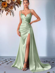 Satin V Neck Lace Up Back Slit Maxi Dress