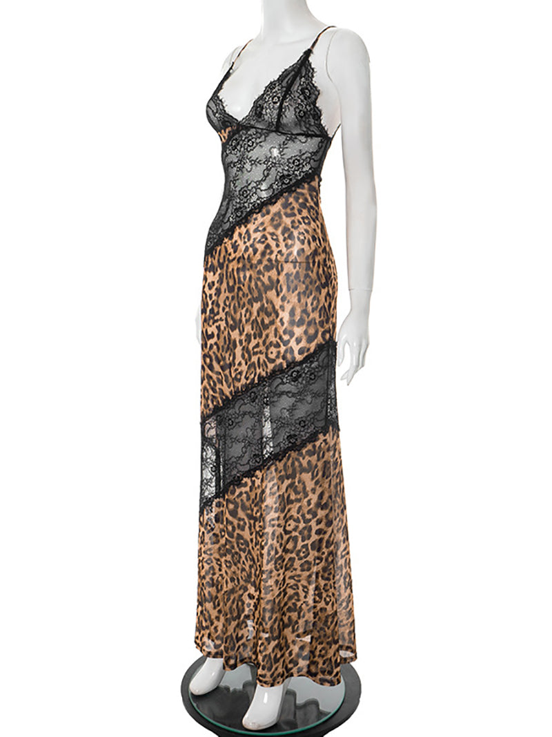 Sexy Leopard Lace Patchwork Chiffon Maxi Dress