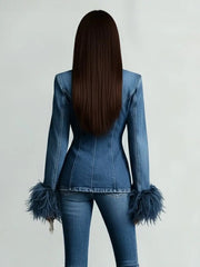 Feather Trim Tailored Denim Jacket for Women