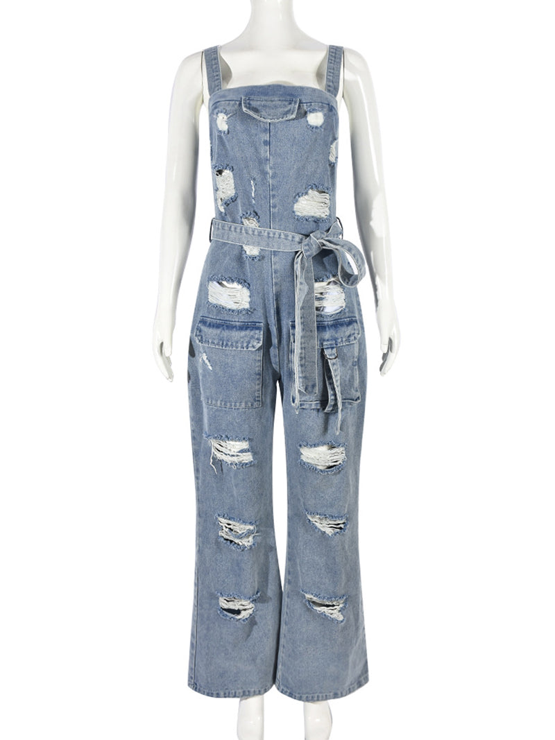 Washed Ripped Denim Cargo Jumpsuit