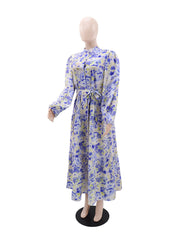 Fashion Floral Print Long Sleeve Tie Up Maxi Dress