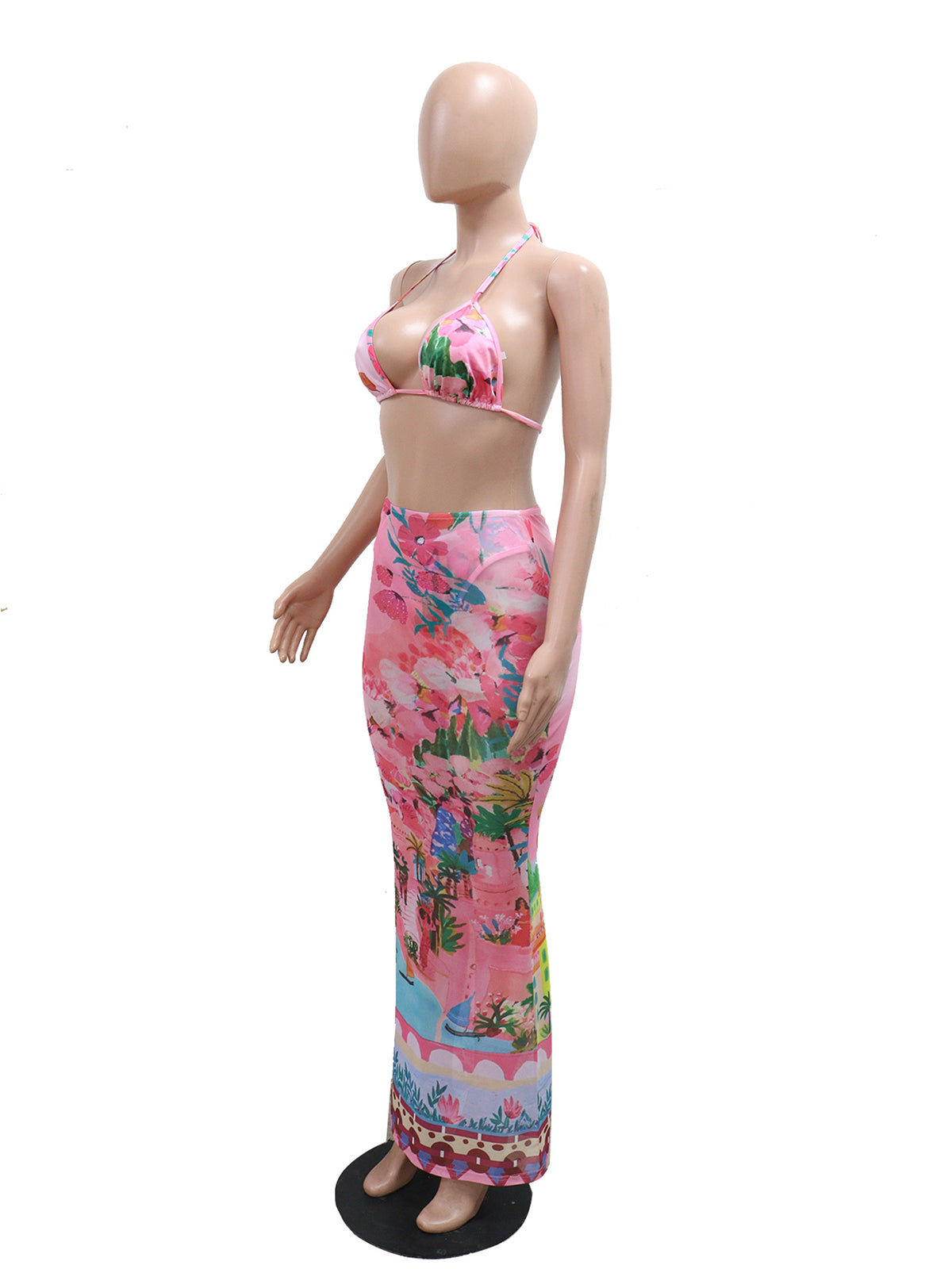 Sexy Print Beach Bikini Skirt Three Piece Set Cover up