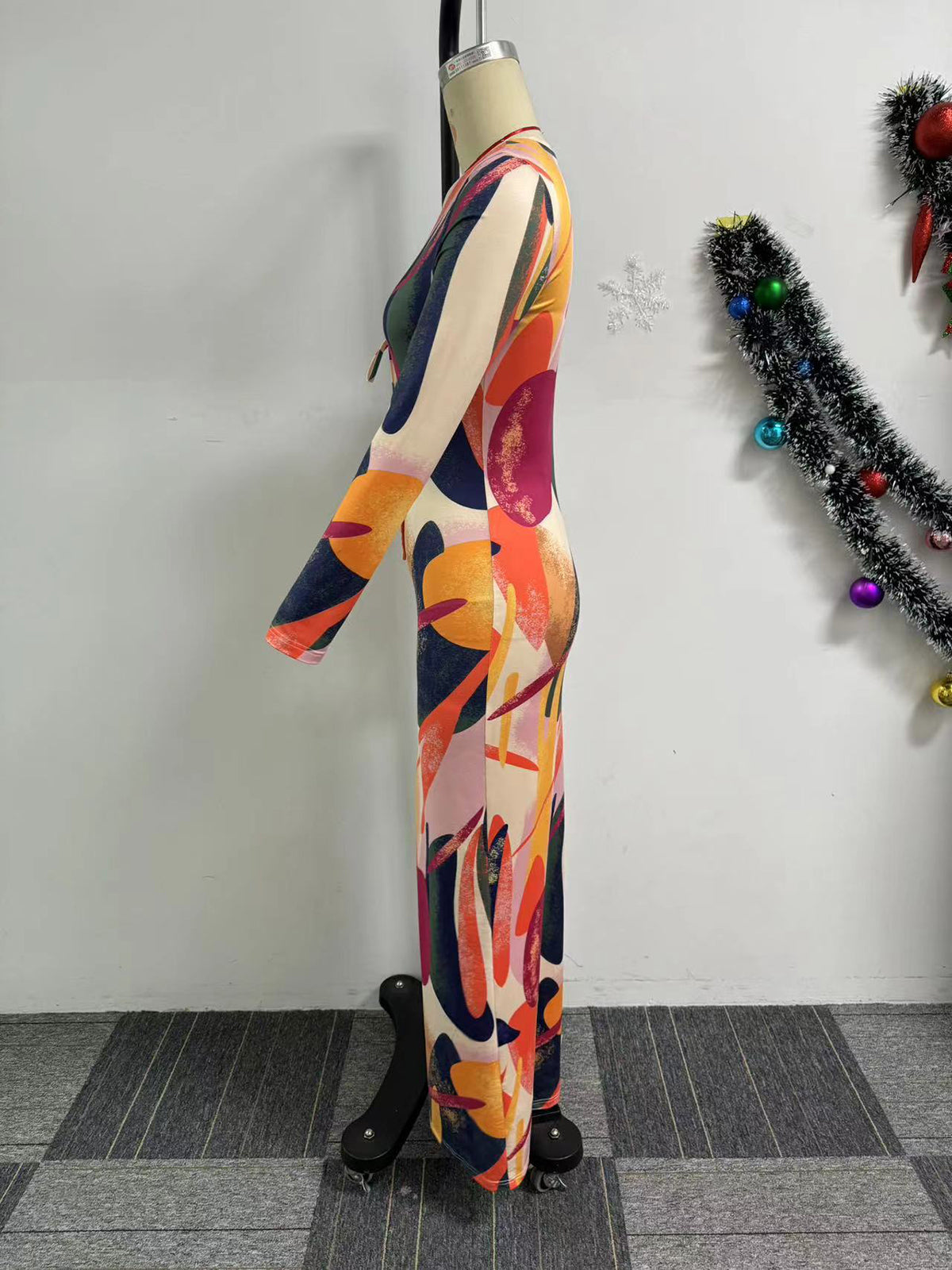 O Neck Print Long Sleeve Hollow Out Bodycon Maxi Dress