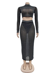 Rhinestones Sheer Mesh Crop Tops Skirts Sets