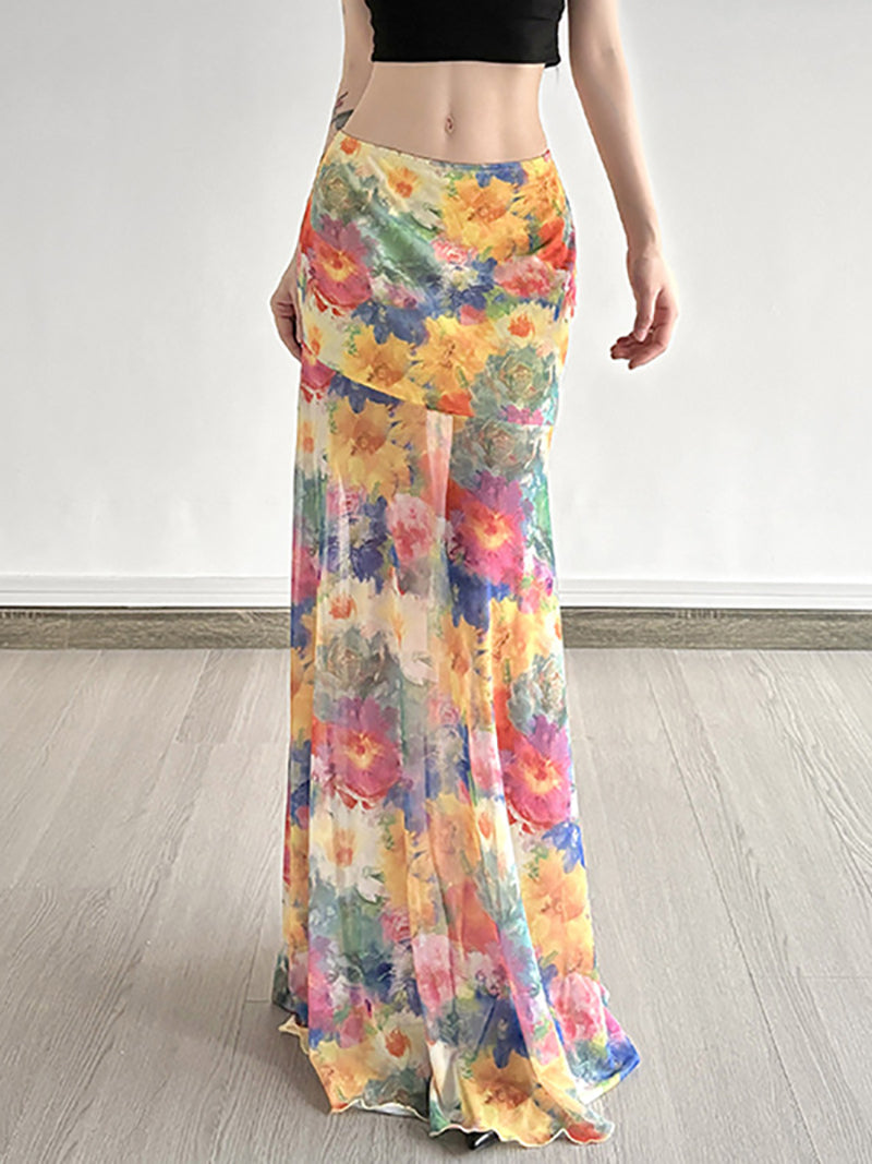 Casual Tie-Dye Print High Waist Mesh Long Skirt
