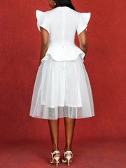 Fashion Ruffle Mesh Patchwork Mid Puffy Dress