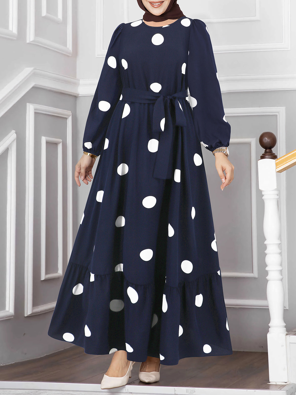 Casual Polka Dot Print Long Sleeve Ruffle Hem Dress