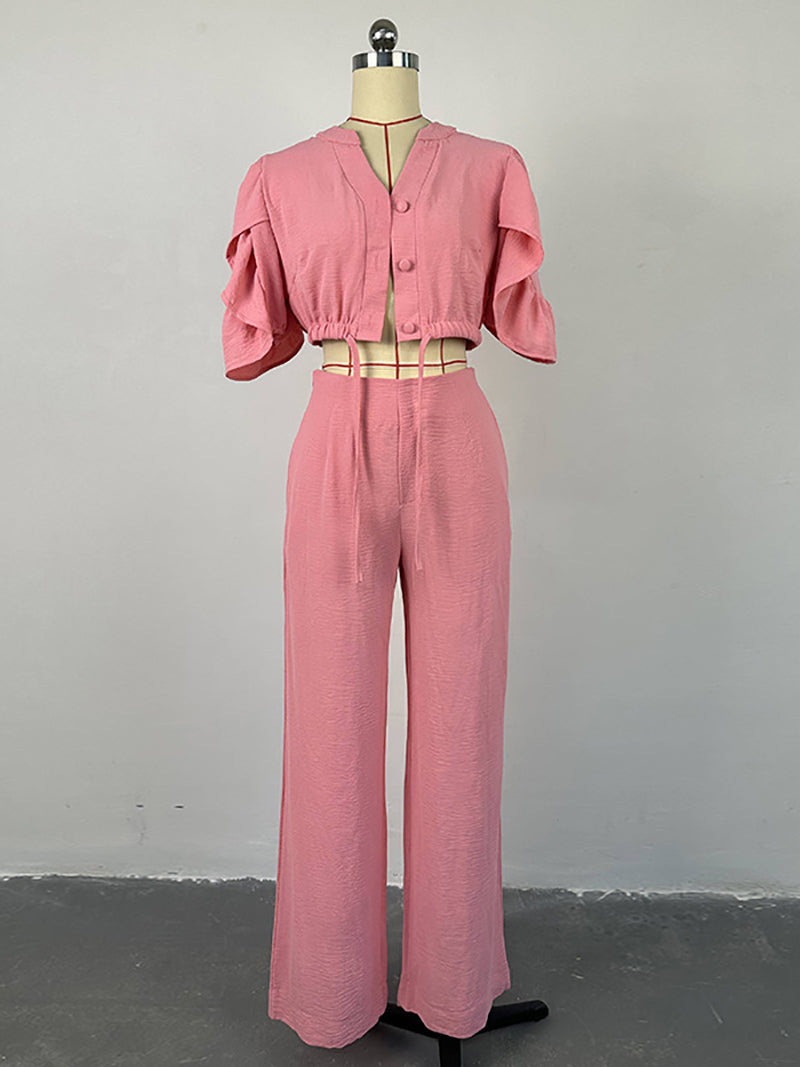 V-neck Bell Bottom Sleeve Tie Top and Wide Leg Pant Set