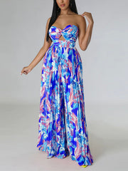 Sexy Strapless Print Bouffant Wide Leg Jumpsuit