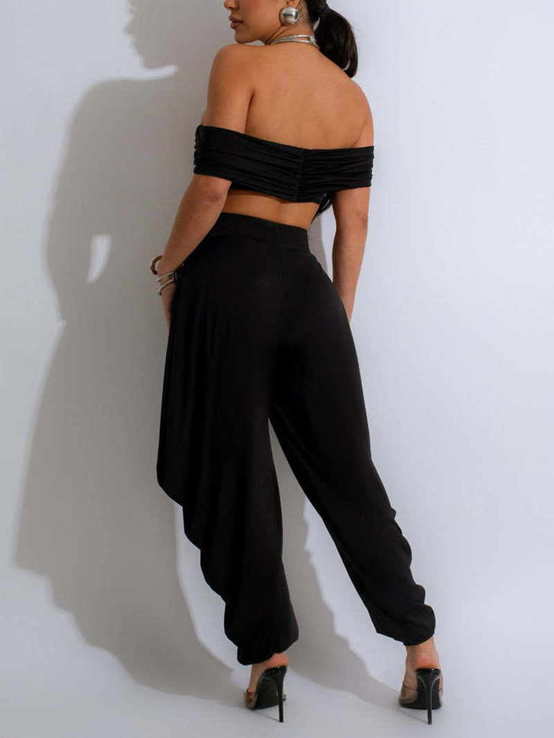 Off Shoulder Deep V Loose Trousers Set