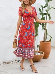 Casual V-neck Print Short Sleeve Slim Midi Dress