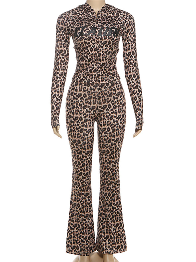 Letter Leopard Print Zip Tight Hooded Top And Pants Set
