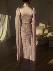 Rhinestone Embellished Cape Ruched Maxi Dress