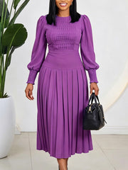 Puff Sleeve Textured Bodice Pleated Midi Dress