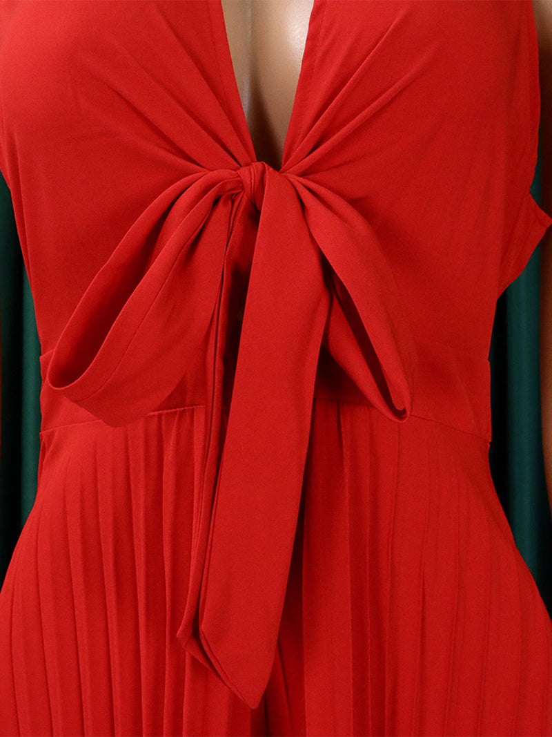 Turn-down Collar Lace-up Pleated Wide Leg Jumpsuit