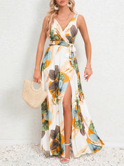 Sexy V Neck Print Sleeveless High Slit Dress