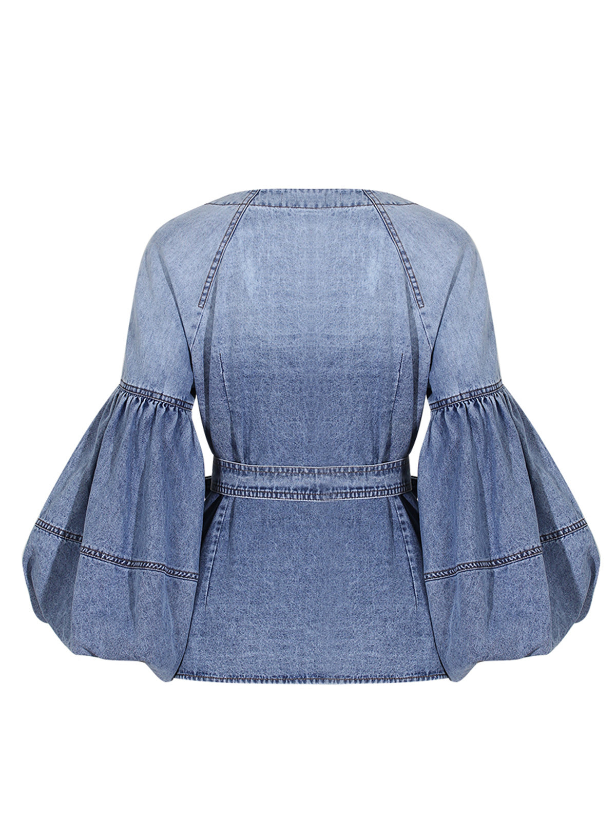 Casual V-Neck Balloon Sleeve Denim Blouse