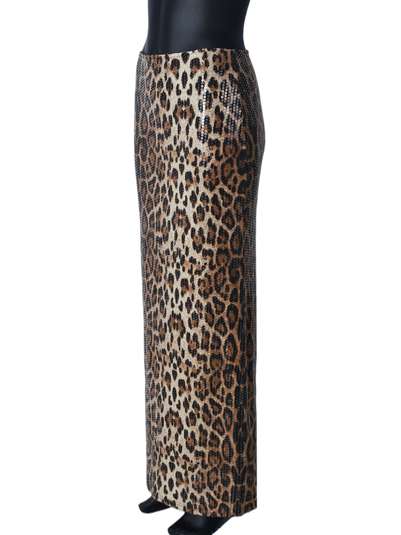 Sexy Leopard Print Sequin Maxi Skirt