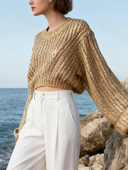 Fashion Round Neck Gold Foiled Knit Cropped Sweater