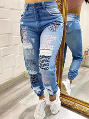 Fashion High Waist Letter Print Ripped Jeans