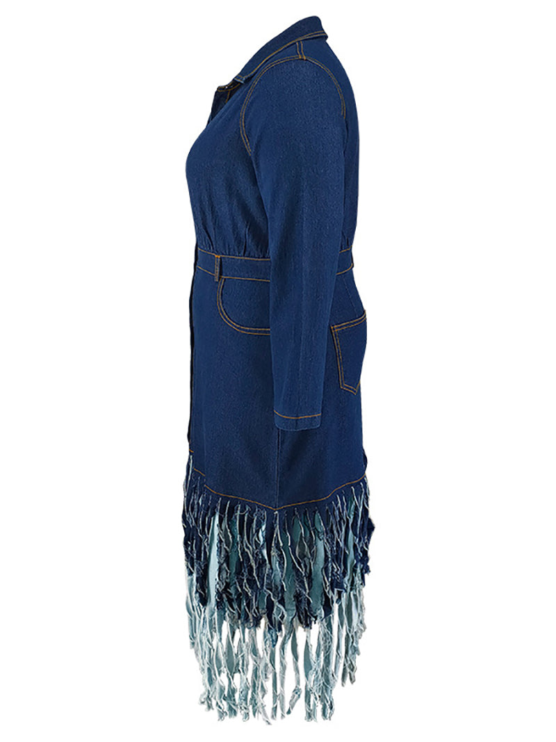 Plus Size Lapel Single breasted Tassels Denim Dress