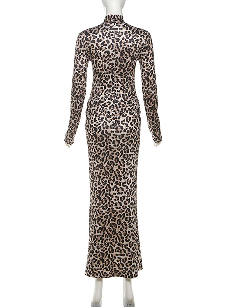 Sexy Round Neck Leopard Print Slim Pleated Maxi Dress